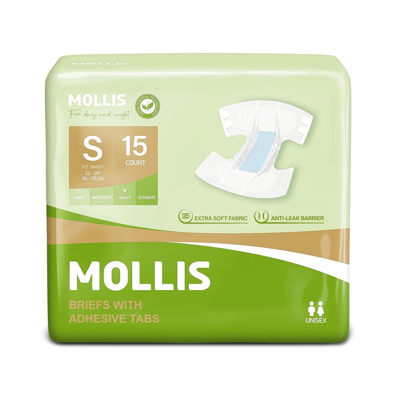MOLLIS Adult Diapers for Women and Men, Unisex Disposable Incontinence Briefs with Tabs, Odor Control, Small, 15 Count - Image 1