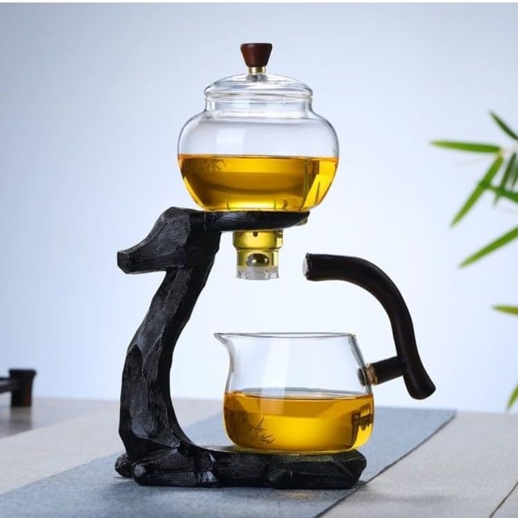 Mozeo Heat-resistant Kungfu Glass Tea Set with Heater Attract Water Diversion Rotating Cover Bowl Lazy Semi-Automatic Deer Glass Teapot (Black deer single) - Image 2