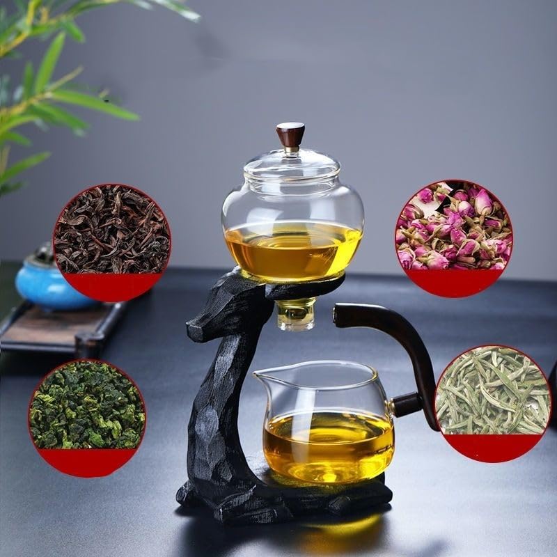 Mozeo Heat-resistant Kungfu Glass Tea Set with Heater Attract Water Diversion Rotating Cover Bowl Lazy Semi-Automatic Deer Glass Teapot (Black deer single) - Image 5
