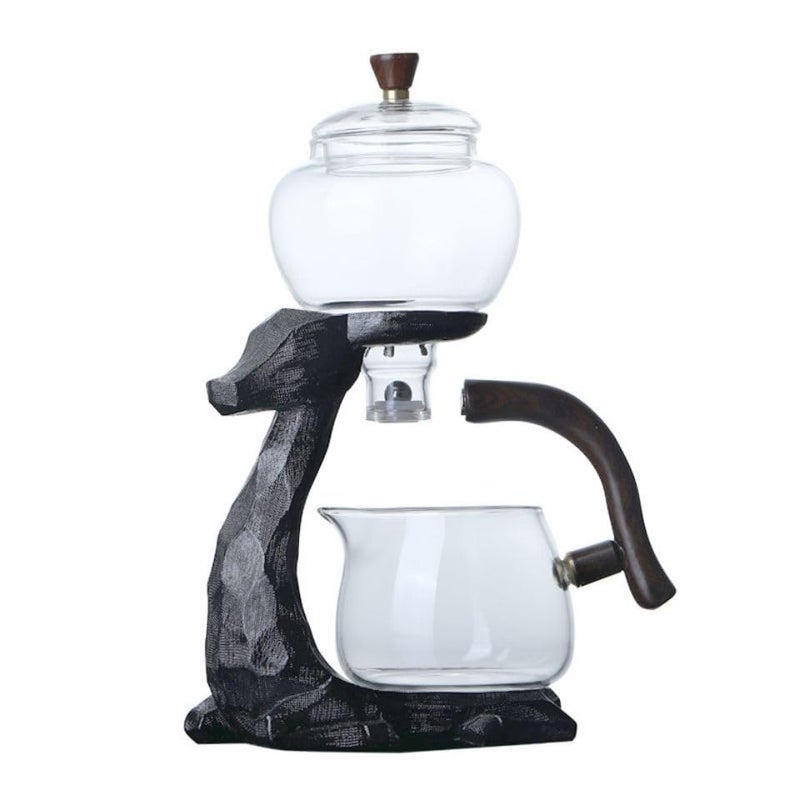 Mozeo Heat-resistant Kungfu Glass Tea Set with Heater Attract Water Diversion Rotating Cover Bowl Lazy Semi-Automatic Deer Glass Teapot (Black deer single) - Image 1