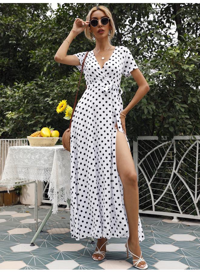 Europe And The United States Women's Summer Waist Short Sleeve Wave Split Dress