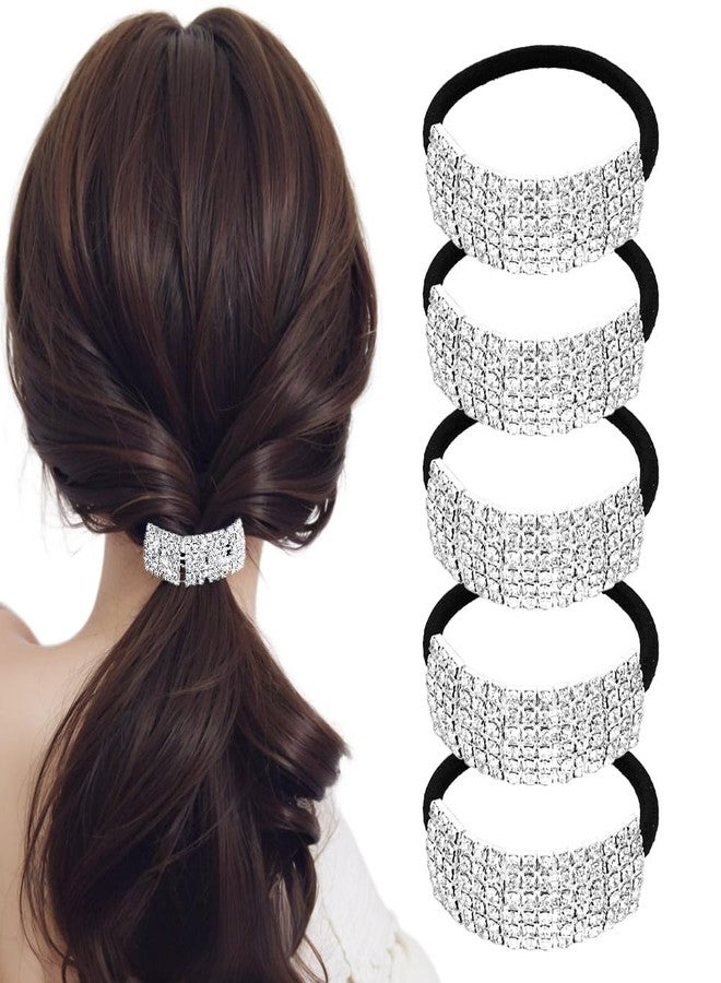 Xiwstar 5Pcs Chic Rhinestone Hair Bands Elastic Crystal Hair Ties Hairband Women Ponytail Holders Scrunchies Hair Accessories Silver - Image 1