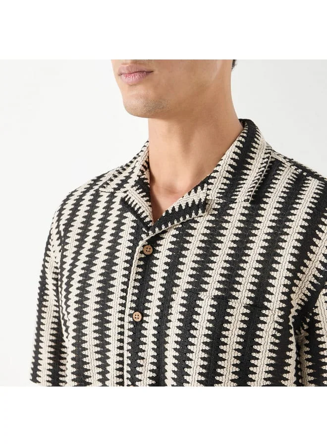 Iconic Iconic Textured Camp Collar Shirt with Short Sleeves