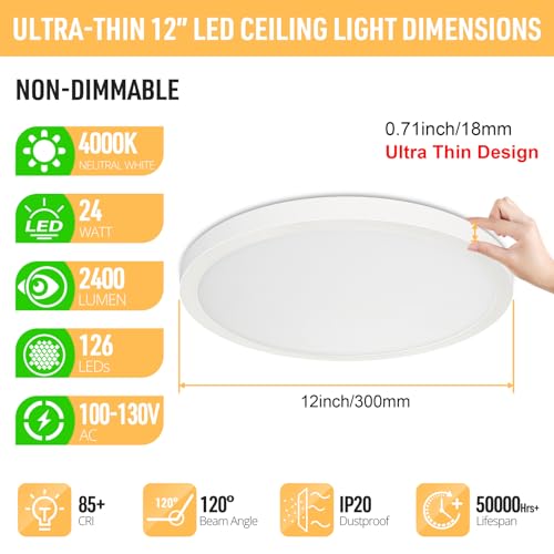 SunRider LED Flush Mount Ceiling Light Fixture, 4000K Neutral White, 2400LM, 12 Inch 24W Round Ceiling Lights, 240W Equiv. Panel Lamp, Non-Dimmable - Image 2