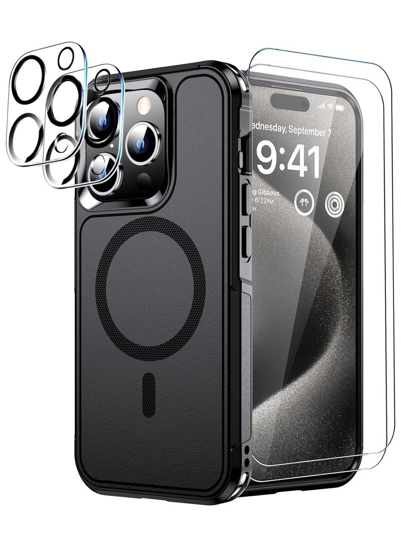 Raxoom 5 in1 Magnetic for iPhone 15 Pro Max Case Black with MagSafe - Military Grade Shockproof for iPhone 15 Pro Max Phone Case Cover, 2 Tempered Glass Screen Protector+2 Camera Lens Protector Accessory - Image 1