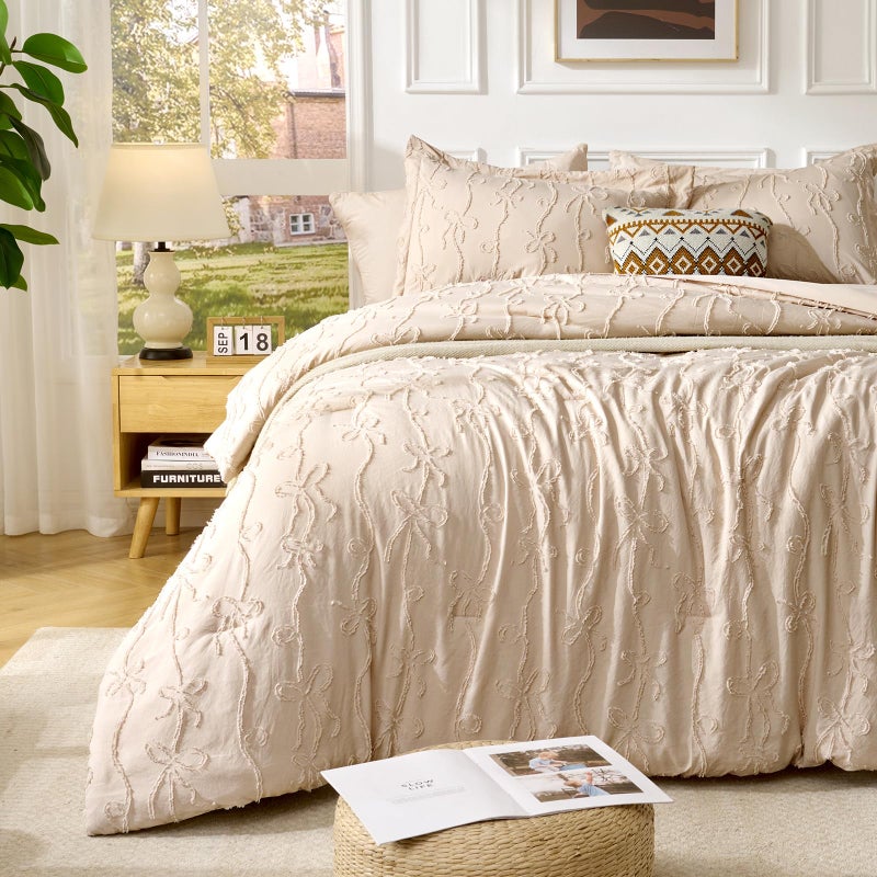 Jameswish 7 Pieces Bow Tufted Boho Comforter Set Khaki Farmhouse Shabby Chic Embroidered Bedding for All Seasons Queen Size with Comforter Sheets Pillowcases Shams - Image 1