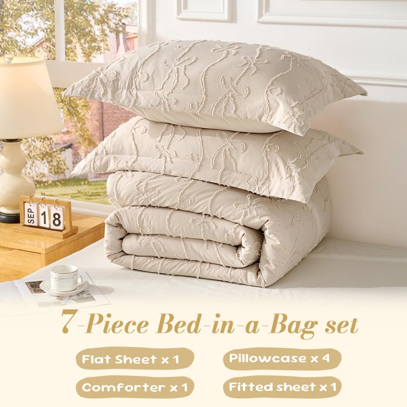 Jameswish 7 Pieces Bow Tufted Boho Comforter Set Khaki Farmhouse Shabby Chic Embroidered Bedding for All Seasons Queen Size with Comforter Sheets Pillowcases Shams - Image 4
