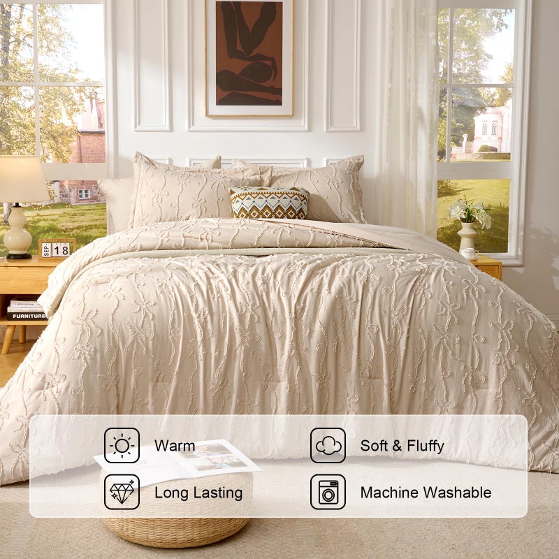 Jameswish 7 Pieces Bow Tufted Boho Comforter Set Khaki Farmhouse Shabby Chic Embroidered Bedding for All Seasons Queen Size with Comforter Sheets Pillowcases Shams - Image 3