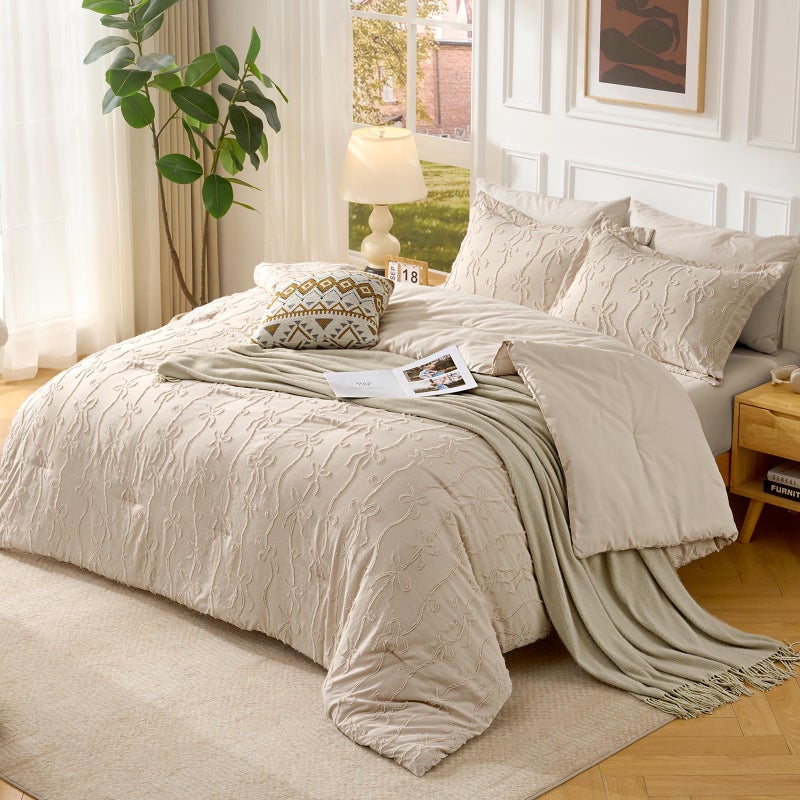 Jameswish 7 Pieces Bow Tufted Boho Comforter Set Khaki Farmhouse Shabby Chic Embroidered Bedding for All Seasons Queen Size with Comforter Sheets Pillowcases Shams - Image 5