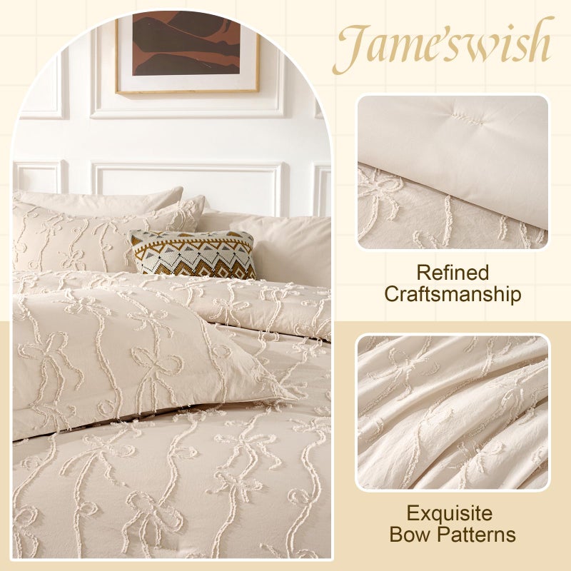 Jameswish 7 Pieces Bow Tufted Boho Comforter Set Khaki Farmhouse Shabby Chic Embroidered Bedding for All Seasons Queen Size with Comforter Sheets Pillowcases Shams - Image 2
