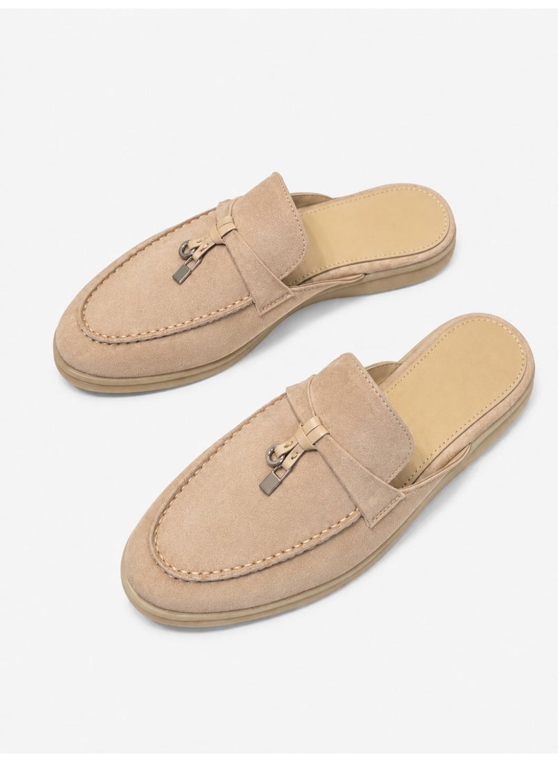 Women Suede Mule Loafers, Slip-On Backless Mules, Classic Rounded Toe with Metal Lock Decor, Comfortable Non-slip Mule Slides, Easy On and Off, Casual Daily Outdoor Slippers - Image 1