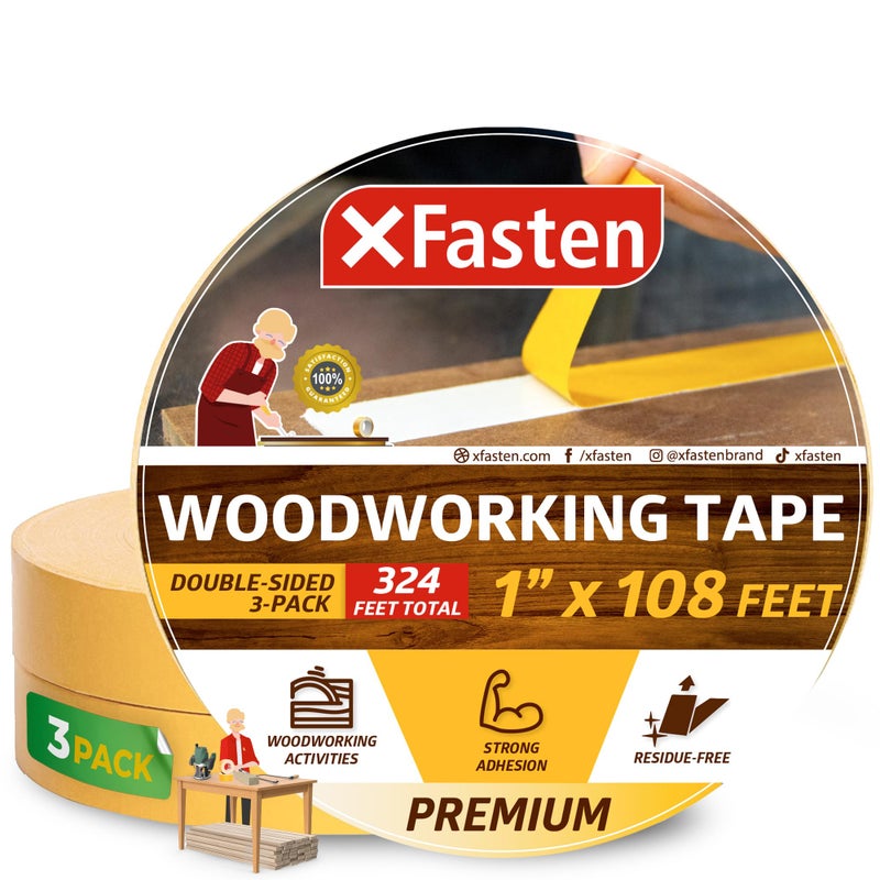 XFasten Double Sided Woodworking Tape 1 Inch x 108 Feet (3-Pack), Residue-Free, Removable Double Sided Woodworking Masking Tape for Wood Template, Mounting Boards MDF Edge Banding, Routing, Anchoring - Image 1
