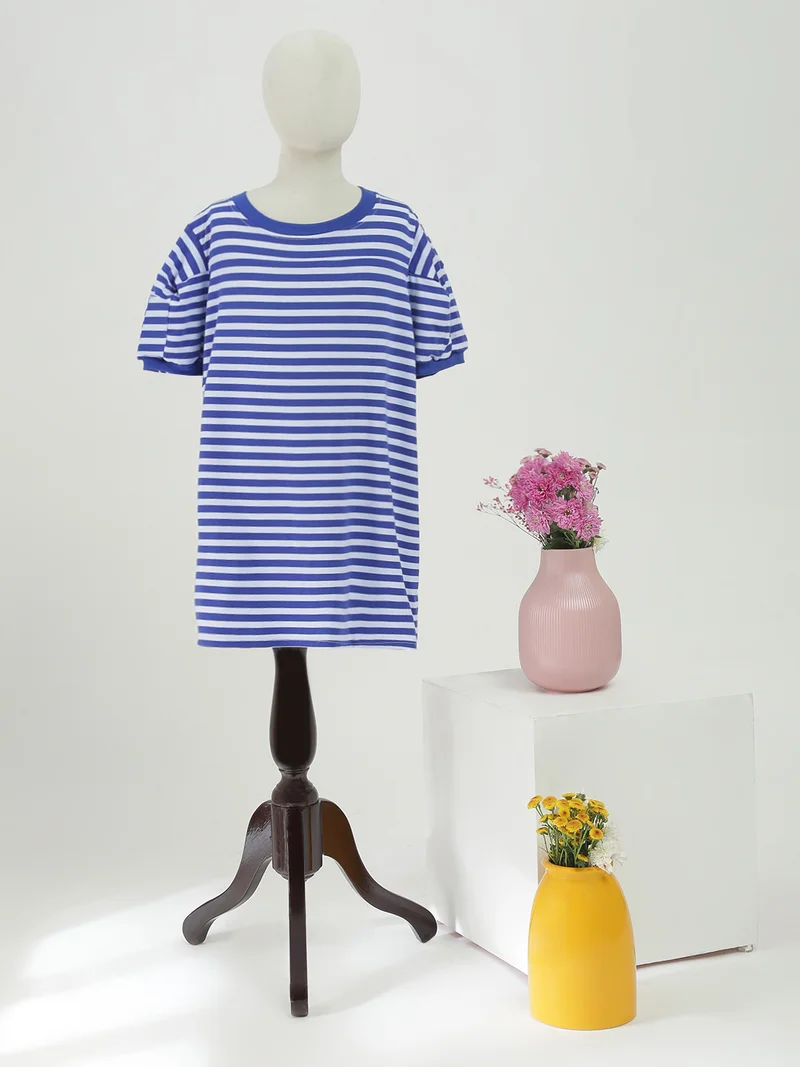 globus Globus Girls Blue Striped Round Neck Straight Hem Sheath Mini Dress