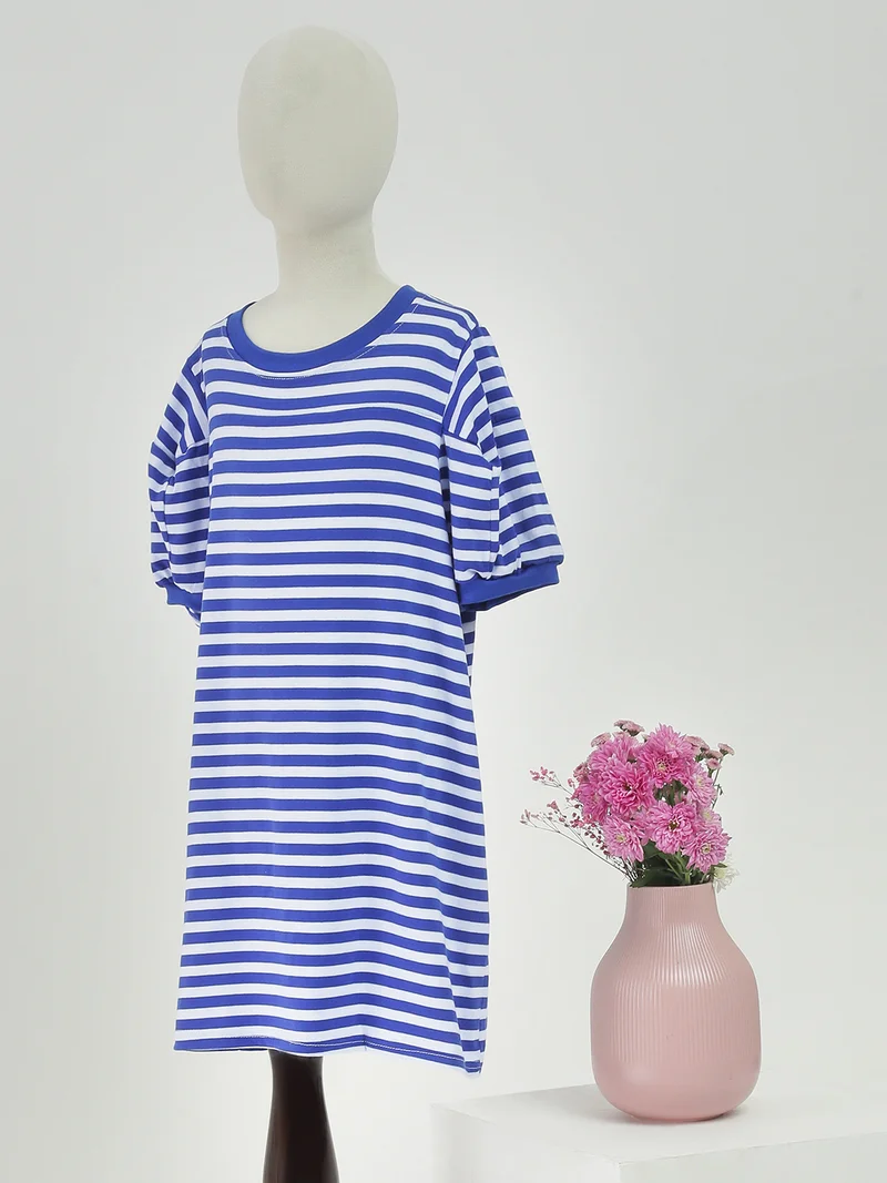 جلو باص Globus Girls Blue Striped Round Neck Straight Hem Sheath Mini Dress