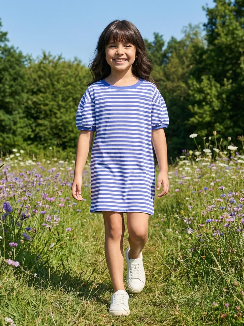 جلو باص Globus Girls Blue Striped Round Neck Straight Hem Sheath Mini Dress