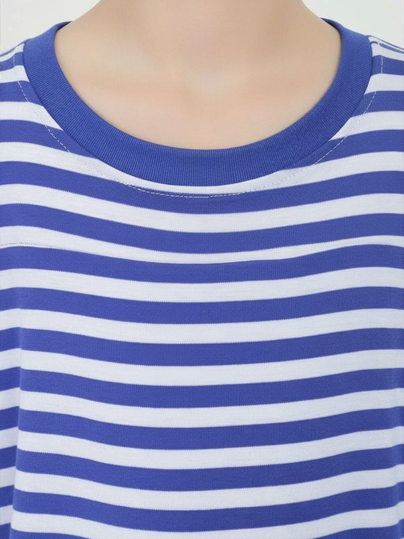 Globus Girls Blue Striped Round Neck Straight Hem Sheath Mini Dress - Image 4