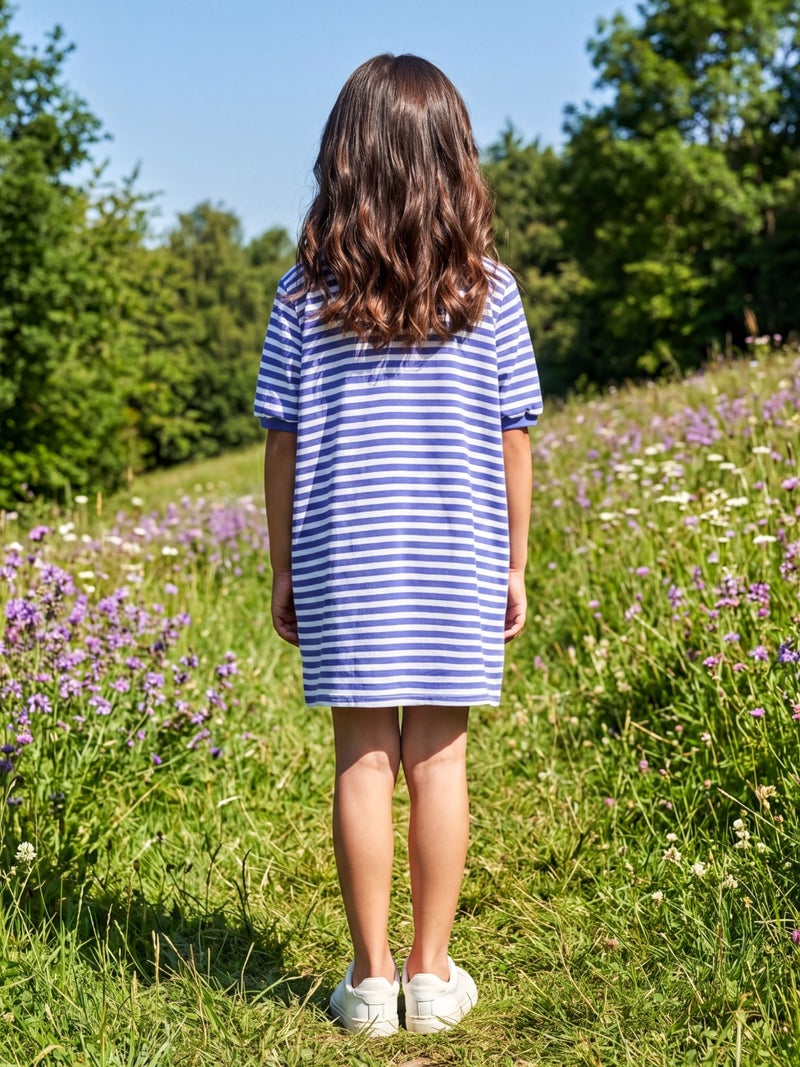 Globus Girls Blue Striped Round Neck Straight Hem Sheath Mini Dress - Image 3