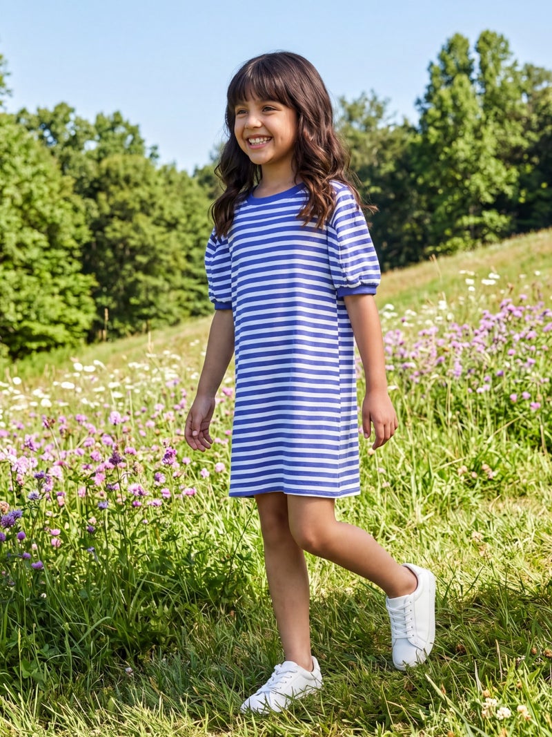 Globus Girls Blue Striped Round Neck Straight Hem Sheath Mini Dress - Image 2