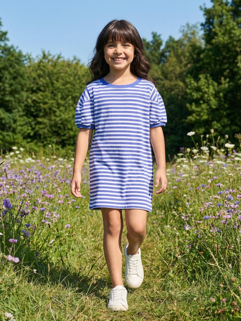 Globus Girls Blue Striped Round Neck Straight Hem Sheath Mini Dress - Image 1