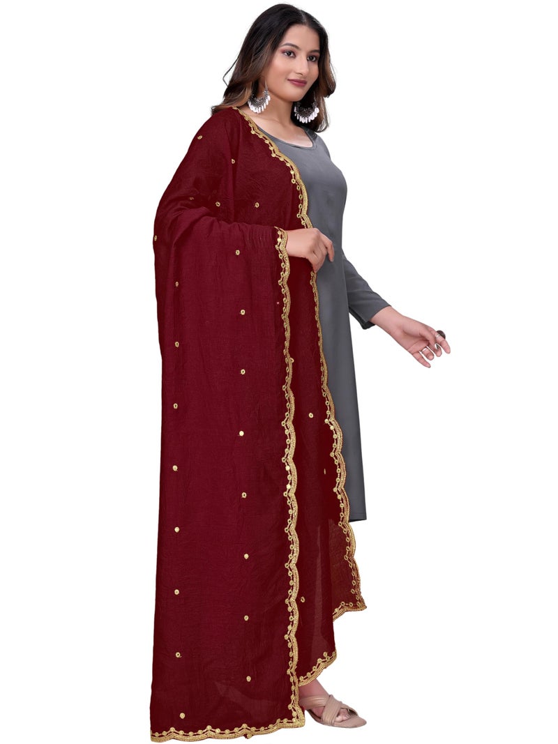 KEMZA Vintage Dupatta Vichitra Silk Embroidered Mirror Work Floral Butti Design with Embroidered Border for Women (Maroon, Free Size) - Image 3