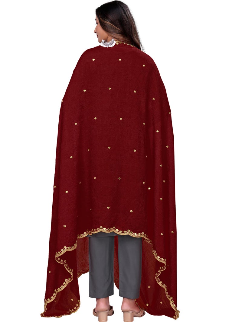 KEMZA Vintage Dupatta Vichitra Silk Embroidered Mirror Work Floral Butti Design with Embroidered Border for Women (Maroon, Free Size) - Image 4