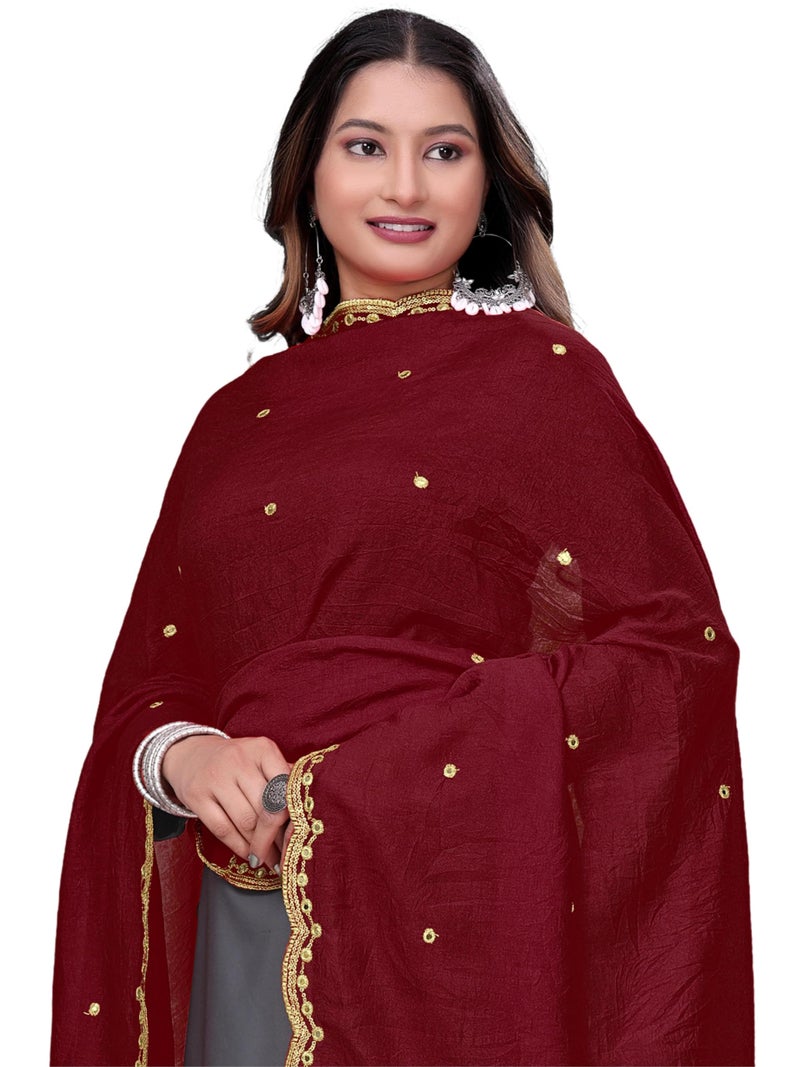 KEMZA Vintage Dupatta Vichitra Silk Embroidered Mirror Work Floral Butti Design with Embroidered Border for Women (Maroon, Free Size) - Image 2