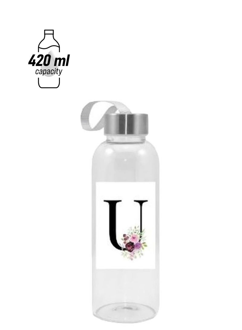 NIBEMINENT Floral Letter U Printed Water Bottle Clear/White/Black 420ml 