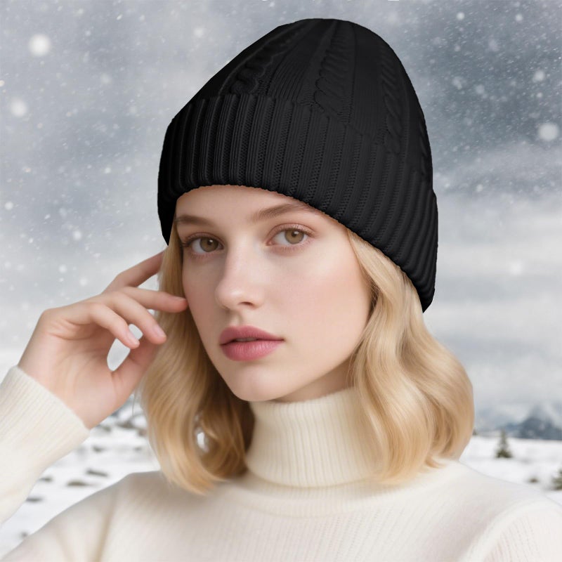 Beurlike Winter Beanie Hats for Women Fleece Lined Warm Thick Soft Stretch Knit Cap for Cold Weather(Black) - Image 5
