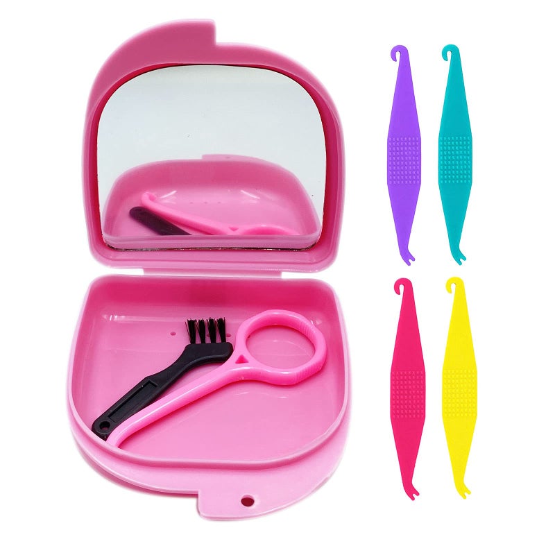 HRASY Oral Care Disassembly Kit/7pcs Including 1 Retainer Case With Mirror and Vent Holes | 1 Aligner Remover Tool | 4 Elastic Rubber Bands Placers | 1 Cleaning Brush (Pink) - Image 1