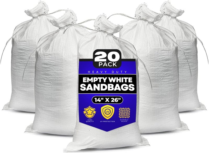 Tapix Heavy Duty Empty White Sandbags with Ties - 14" x 26" (20 Pack) for Flood Protection - Image 1