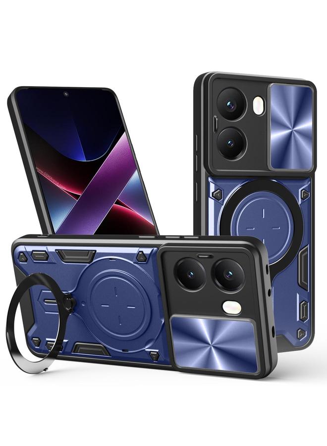 Zaboon For Xiaomi Poco X7 Pro 5G Global CD Texture Sliding Camshield Magnetic Holder Phone Case(Blue) 