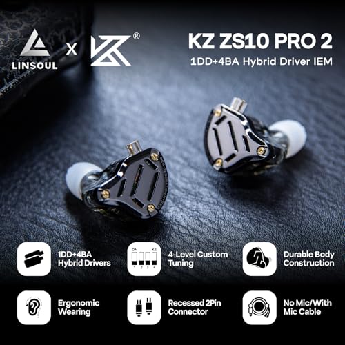 Linsoul KZ ZS10 PRO 2 In Ear Monitor IEM, 1DD+4BA Hybrid Wired Earbuds, with 4-Level Tuning Switch, 3-Way Crossover Gaming Earbuds, Silver-plated IEM Cable for Musician Audiophile (Black, Without Mic) - Image 3
