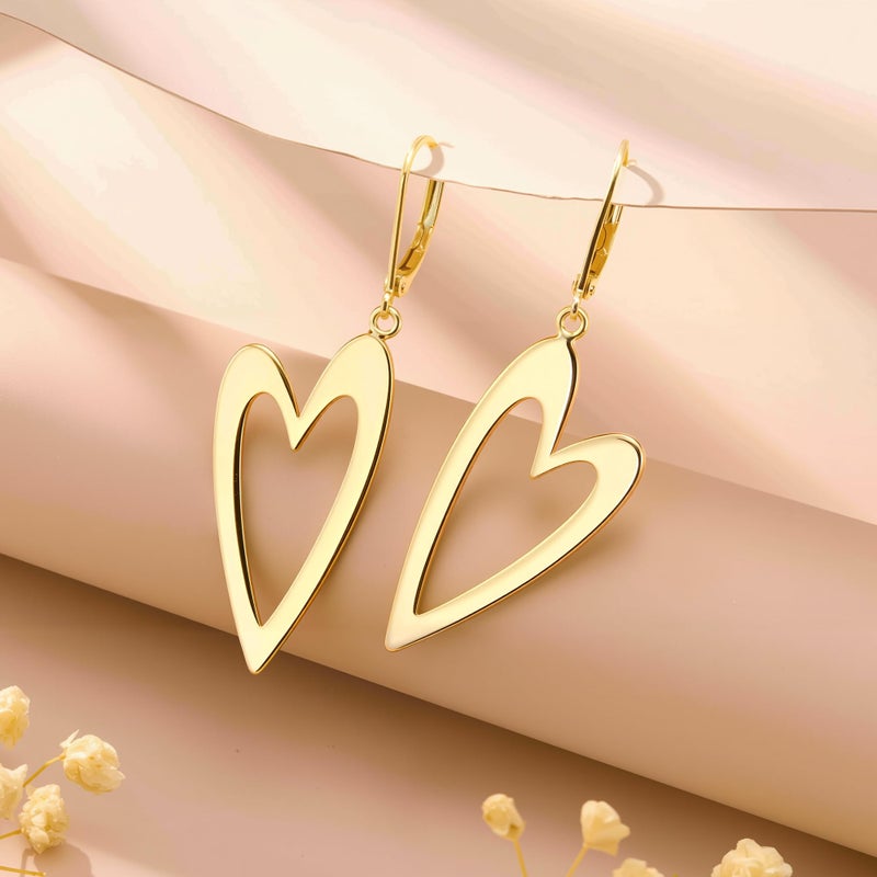 ALEXCRAFT 14K Gold Plated Heart Dangle Earrings for Women, ALEXCRAFT Heart Gold Dangling Drop Earring Leverback Polished Hearts Shaped Dangly Minimalist Earing of Valentine - Image 5