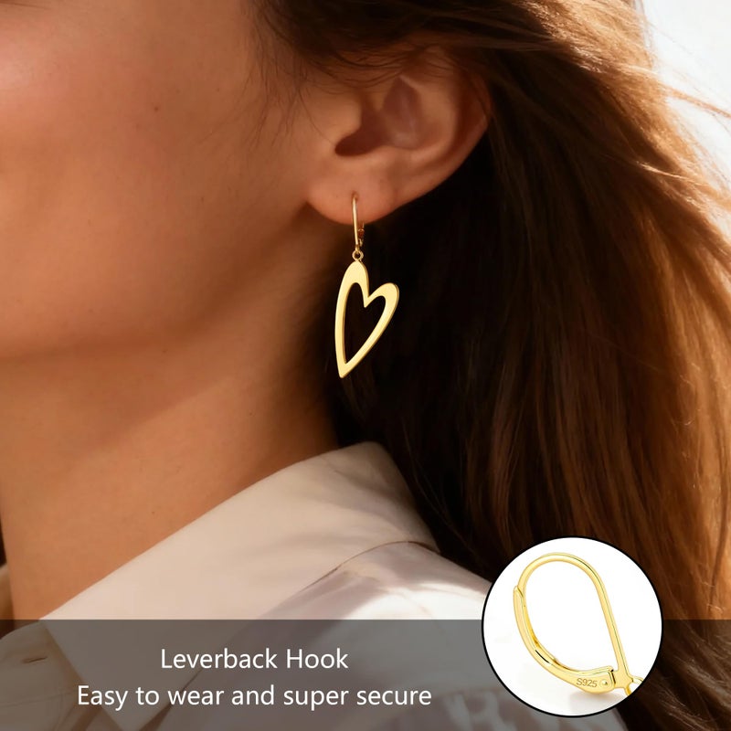 ALEXCRAFT 14K Gold Plated Heart Dangle Earrings for Women, ALEXCRAFT Heart Gold Dangling Drop Earring Leverback Polished Hearts Shaped Dangly Minimalist Earing of Valentine - Image 3