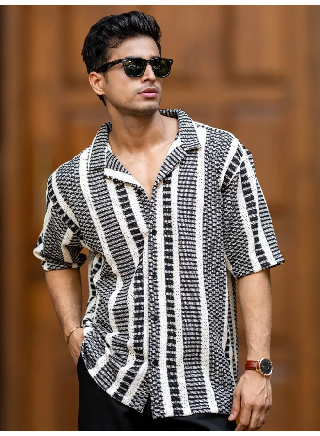 Maniac Maniac Mens Stripe Collar Neck Half Sleeve Black & HalfWhite Cotton Shirt