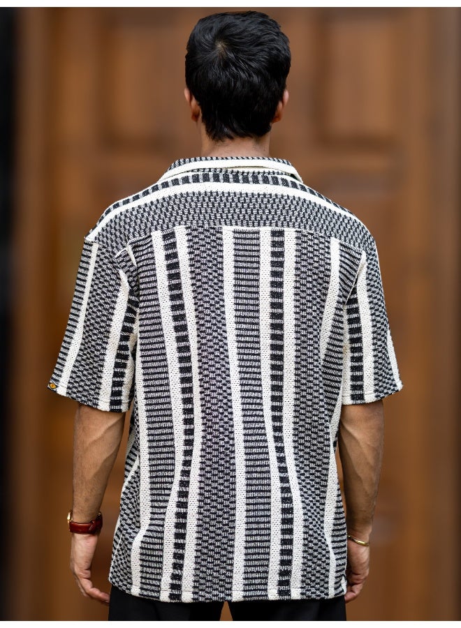 Maniac Maniac Mens Stripe Collar Neck Half Sleeve Black & HalfWhite Cotton Shirt  - Image 5