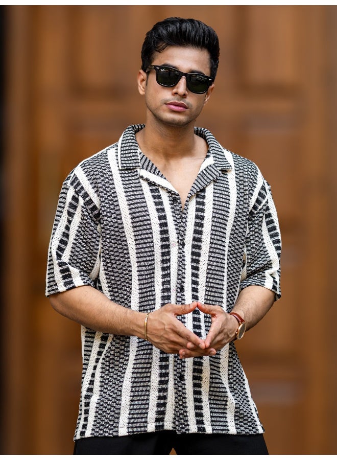 Maniac Maniac Mens Stripe Collar Neck Half Sleeve Black & HalfWhite Cotton Shirt  - Image 3