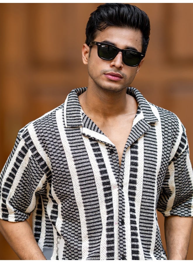 Maniac Maniac Mens Stripe Collar Neck Half Sleeve Black & HalfWhite Cotton Shirt  - Image 1