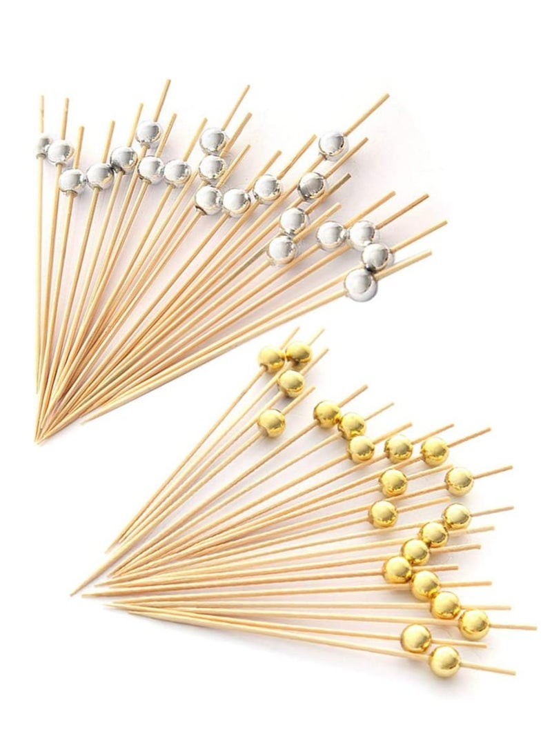 Dubkart Handmade Cocktail Picks 200PCS Count Sticks Wooden Toothpicks Party Supplies Gold Pearl&Silver Pearl  - Image 1