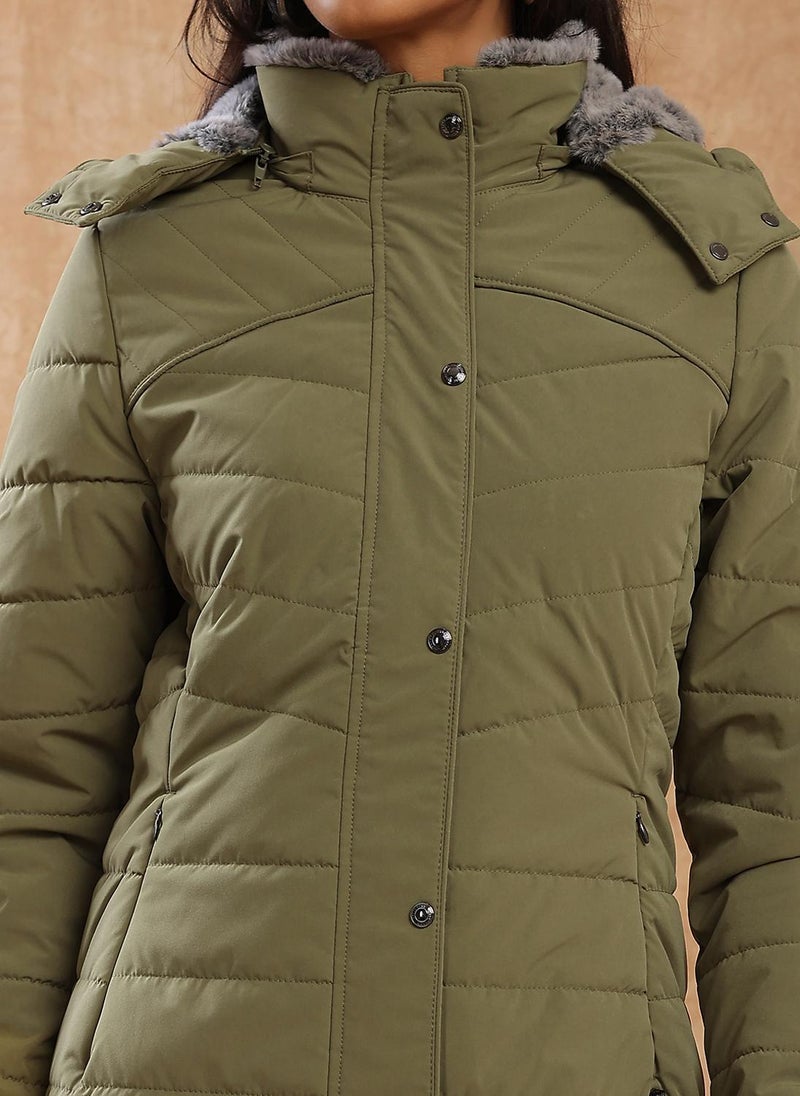 Globus Women Olive Mock Neck Winter Wear Insulator Puffer Jacket With Soft Functional Hood - Image 5