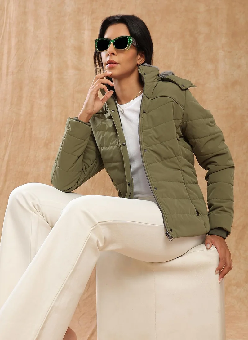 globus Globus Women Olive Mock Neck Winter Wear Insulator Puffer Jacket With Soft Functional Hood