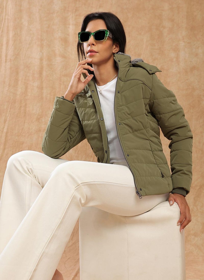Globus Women Olive Mock Neck Winter Wear Insulator Puffer Jacket With Soft Functional Hood - Image 1