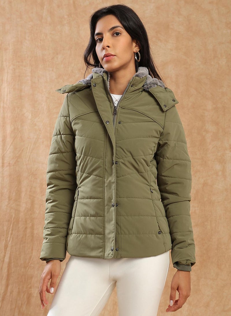 Globus Women Olive Mock Neck Winter Wear Insulator Puffer Jacket With Soft Functional Hood - Image 3