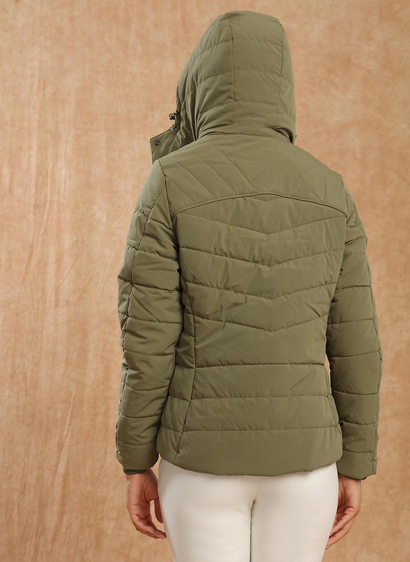 Globus Women Olive Mock Neck Winter Wear Insulator Puffer Jacket With Soft Functional Hood - Image 4