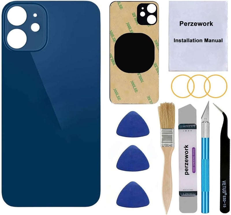 Perzework استبدال زجاج خلفي أصلي لجهاز آيفون 12 بحجم 6.1 بوصة مع مجموعة أدوات الإصلاح ومواد لاصقة مثبتة مسبقًا (أزرق) - Image 1