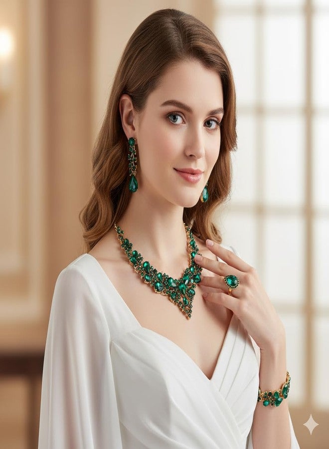 CSY أطقم مجوهرات CSY ريترو للنساء، طقم عقد وأقراط وسوار وخاتم من الزمرد العتيق، مجوهرات كريستال بلمسة نهائية عتيقة (كريستال أخضر داكن - لون ذهبي عتيق) - Image 3