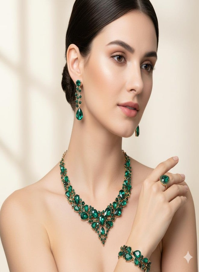 CSY أطقم مجوهرات CSY ريترو للنساء، طقم عقد وأقراط وسوار وخاتم من الزمرد العتيق، مجوهرات كريستال بلمسة نهائية عتيقة (كريستال أخضر داكن - لون ذهبي عتيق) - Image 2