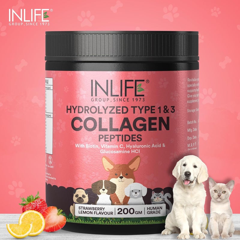 Inlife كولاجين للكلاب والقطط | مسحوق كولاجين مهدرج للبشرة والفراء والمفاصل | مكون مثبت سريرياً مع البيوتين وفيتامين C وحمض الهيالورونيك والجلوكوزامين | مكمل غذائي للحيوانات الأليفة (فراولة) - Image 4