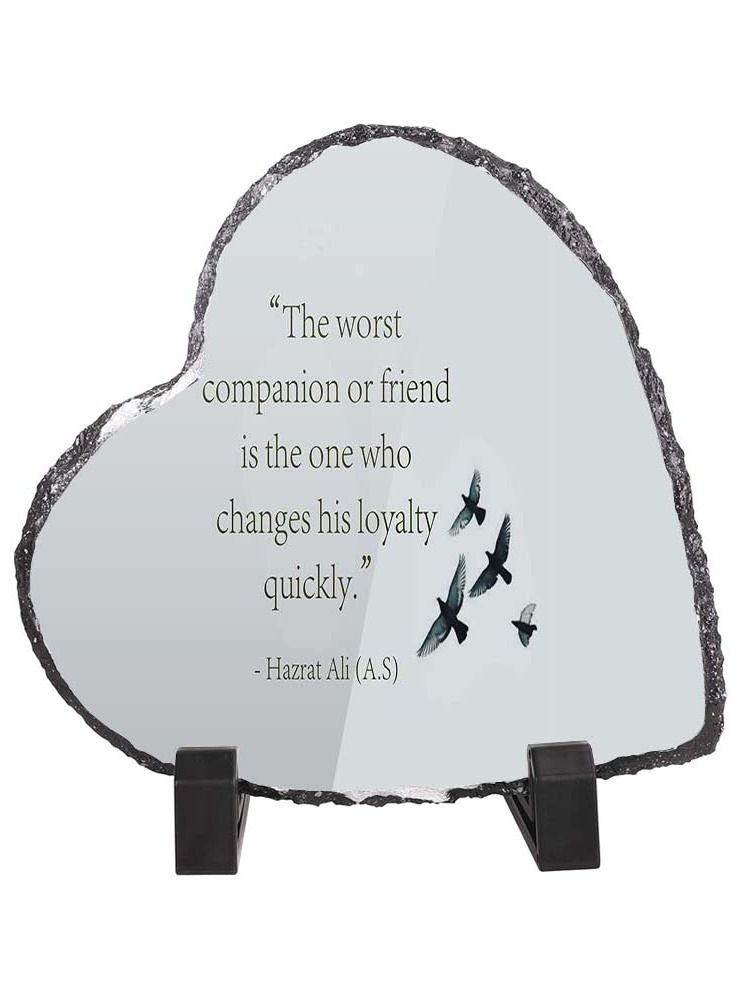 Service Zone Protective Printed White Heart Shape Marble Photo Frame for Table Top The Worst Companion Or Friend Is The One Who Changes His Loyalty Quickly Hazrat Ali 
