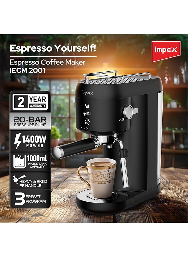 Impex Espresso Coffee Maker 1400W Coffee Machine 1 Litter 3 Preset Programs 20 Bar Pressure Pump For Espresso Cappuccino Latte Maker Auto Shut Off 2 Years Iecm 2001 - Image 2